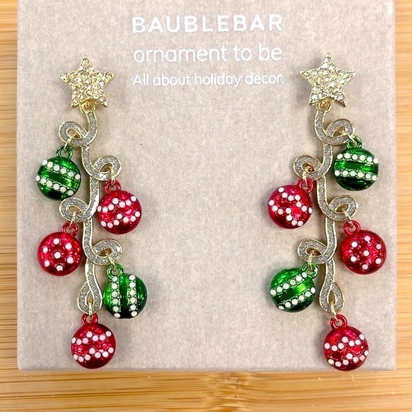 Brand New BaubleBar Christmas Ornaments Tree Stars Red Green Drop Earrings - Picture 1 of 13
